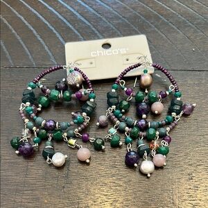 NWT Chico's Statement Purple and Green Chandelier with freshwater pearl Earrings